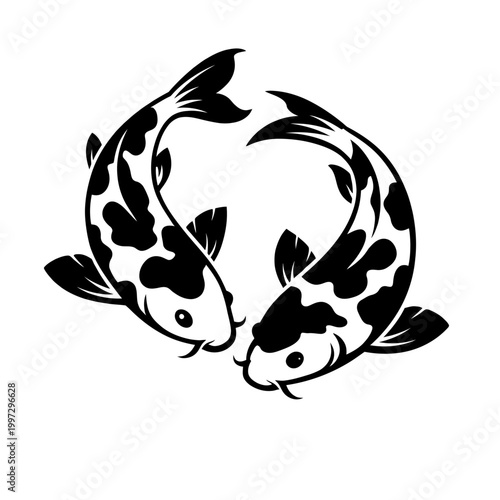 Two black and white koi fish swimming in a circular motion, yin and yang symbol, fish facing each other