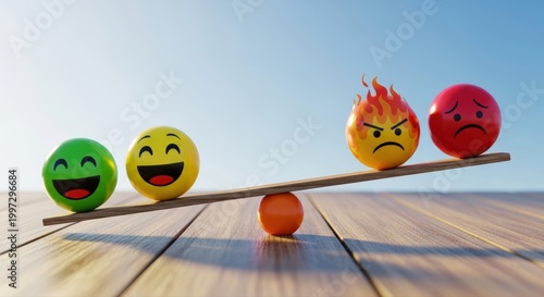 Diverse emotional spheres balancing on a wooden seesaw illustrate mental health stability and psychological wellness through managing positive and negative feelings
