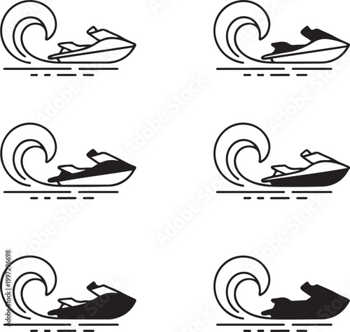 Jet ski water spray rider black line icon set. Flat vector illustration