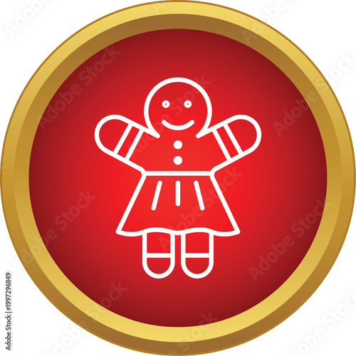 Gingerbread girl cookie icon in a red circle with a gold border