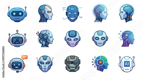 Robot head and face icon set, android bot profile mascot, artificial intelligence technology symbol, vector art
isolated on white background 