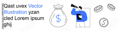 Business strategy, financial planning, economic analysis, monetary growth, investment insights, wealth management. A person observing with binoculars next to a money bag and coins. Financial planning
