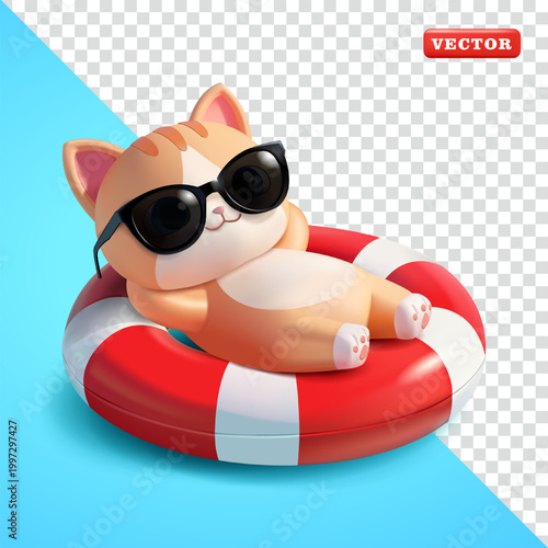 Cute orange kitten sleeping relaxing on a float wearing sunglasses, 3d vector. Suitable for design elements