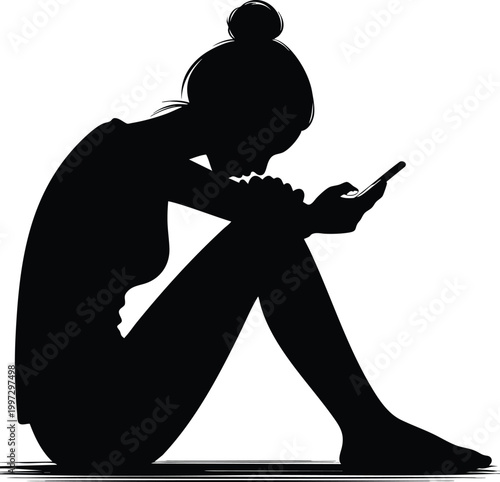Silhouette of a young woman sitting and looking at her smartphone representing digital communication and isolation isolated on white background