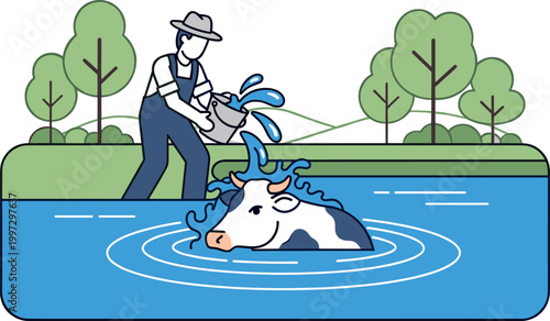 Asian farmer washing cow in river water, traditional rural agriculture, village livestock care, green nature background, outdoor summer farming, organic.