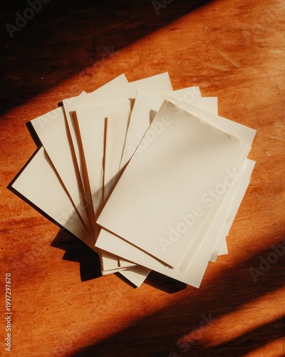 Flat lay of cream paper sheets on a wooden desk