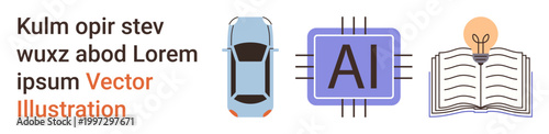 Artificial intelligence, autonomous vehicles, technology education, innovation, digital automation, creative ideas. Blue car, AI circuit and book with a light bulb. Artificial intelligence