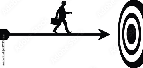 Professional black silhouette illustration of a businessman walking on an arrow toward a bullseye target for career goals success and achievement concept vector
