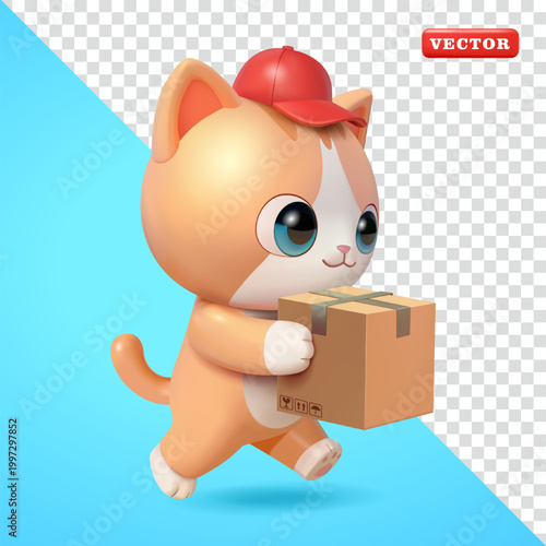 Cute orange kitten delivering a package box, 3D vector. Suitable for design and business elements