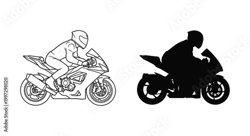 Motorcycle and rider depicted in line art and striking black silhouette
