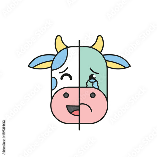 Cartoon cow face with two expressions.