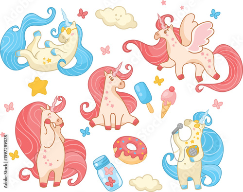 Adorable nursery unicorn sticker set featuring sleeping and flying magical horses vector