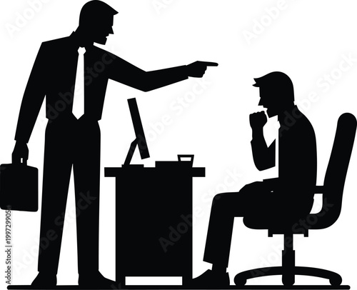 Boss firing employee silhouette pointing finger at subordinate in office concept of dismissal and job loss isolated on white