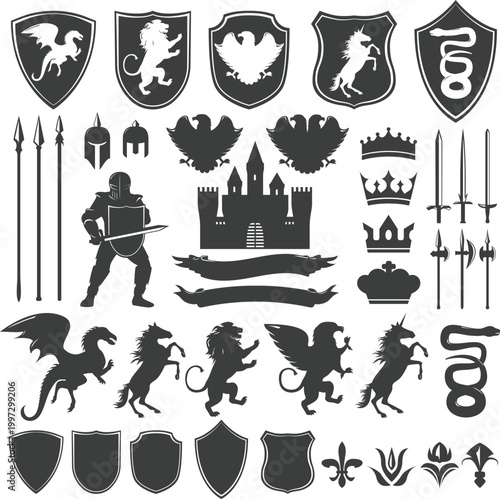 Elegant heraldry badge collection with vintage floral scrolls and shield shapes vector