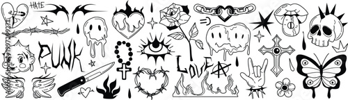 Futuristic cyber sigilism tattoo pack featuring burning heart and knife vector