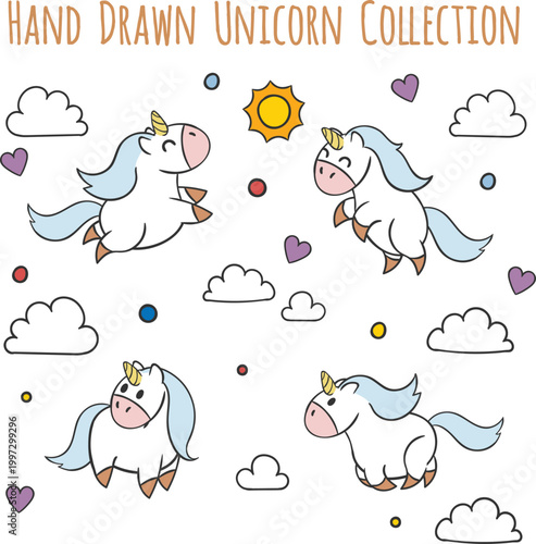 Kawaii style unicorn sticker collection with magical sky and nature icons vector