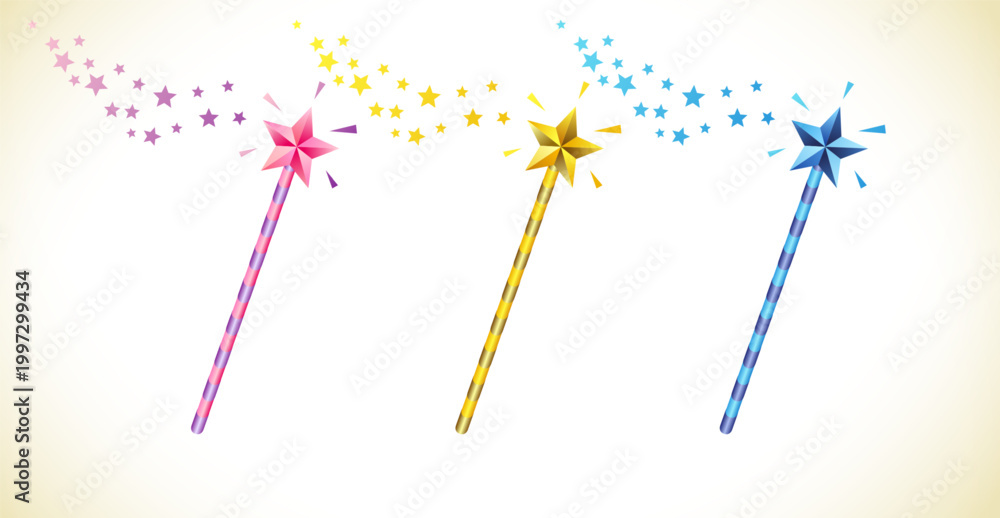 Naklejka premium Set of colorful fairy wands, clip art collection. Pink, golden and blue magic wand with shiny stars and glitters. 3D graphic design.