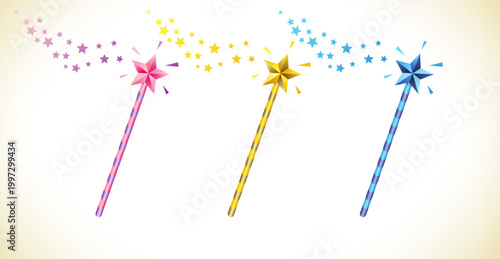 Set of colorful fairy wands, clip art collection. Pink, golden and blue magic wand with shiny stars and glitters. 3D graphic design.