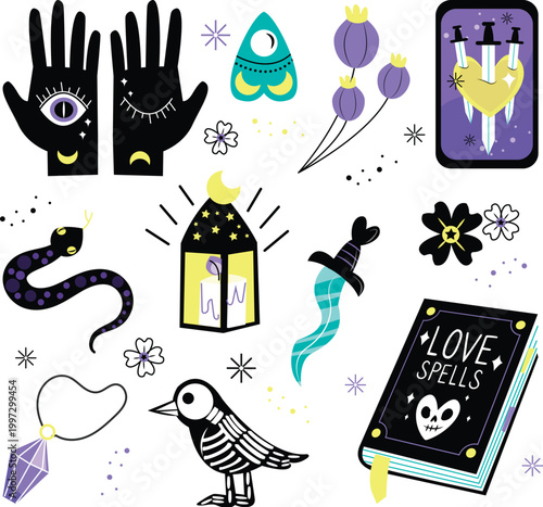 Mystical magic set with tarot cards and love spells book vector