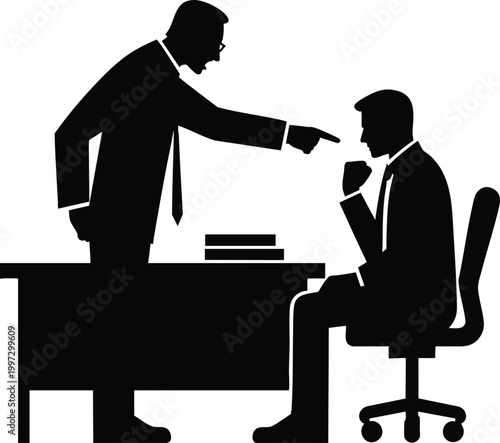 Boss scolding employee silhouette of conflict and workplace stress vector illustration for business concepts
