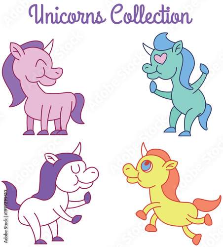 Sketchy doodle unicorn set including butterflies hearts and yellow shiny stars vector