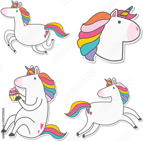 Sweet pastel unicorn character bundle for kids baby shower and birthday vector