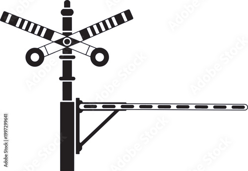 Railroad crossing signal stands as a warning sign with a lowered gate to stop oncoming vehicles.