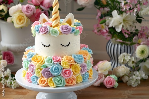 Colorful Unicorn Cake With Flowers and Decorations on a Dessert Table at a Bi...