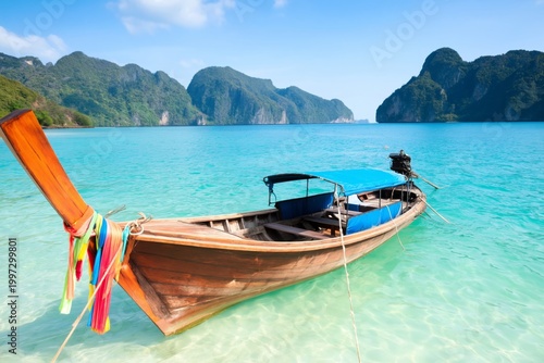 Wooden Boat Moored in Clear Blue Water Near Rocky Shoreline During Daytime at...
