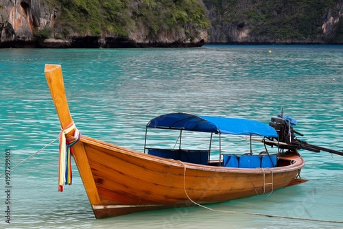 Wooden Boat Moored in Clear Blue Water Near Rocky Shoreline During Daytime at...