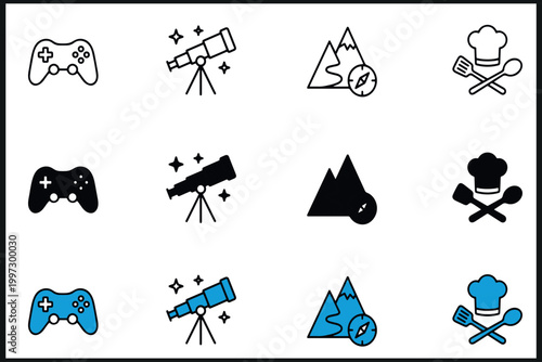 Recreational Hobbies Vector Icons Pack - 12 Editable Stroke Outline Flat Glyphs for Gaming, Astronomy, and Cooking