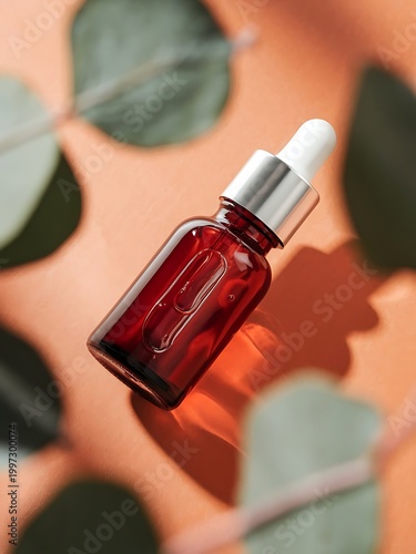 Red glass dropper bottle with silver lid on an orange background. Skincare products with beautiful daylight. Trending concept natural cosmetic with eucalyptus leaves shadow. Beauty concept for face