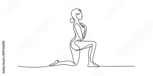 Woman doing a lunge stretch in continuous line art style Vector, illustration
