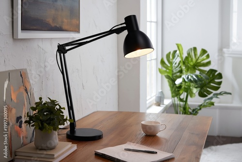 Light Shines on a Desk With a Plant, Notebook, and Coffee Cup in a Bright Roo...