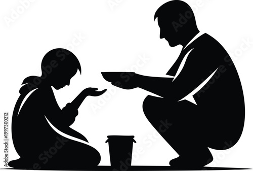 Silhouette of a man giving food to a child concept of charity and help vector illustration for social causes and donation campaigns