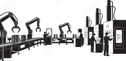 Factory workers operate robotic arms on a production line in this modern industrial environment.