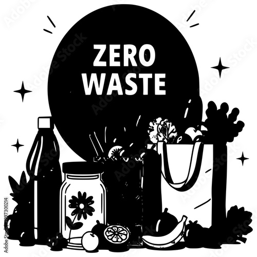 Zero Waste Illustration: An illustration highlights eco-friendly initiatives and a commitment to reducing waste, featuring reusable items and fresh produce in a display of environmental consciousness.