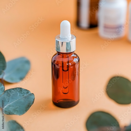 Red glass dropper bottle with silver lid on an orange background. Skincare products with beautiful daylight. Trending concept natural cosmetic with eucalyptus leaves shadow. Beauty concept for face