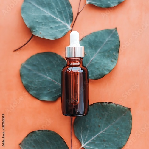 Red glass dropper bottle with silver lid on an orange background. Skincare products with beautiful daylight. Trending concept natural cosmetic with eucalyptus leaves shadow. Beauty concept for face