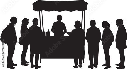 Street vendor serving customers at a small mobile food stall is depicted in this black silhouette.
