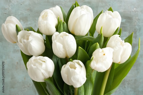 White Tulip Bouquet With Green Leaves in Front of a Colorful Background