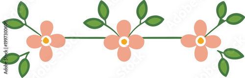 decorative floral border with three peach flowers yellow centers and green leaves connected symmetrically symbolizing harmony balance and artistic style
