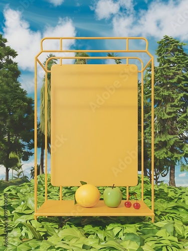 Blank yellow display on vivid summer background with minimal style. Blank stand for showing product. 3D rendering.