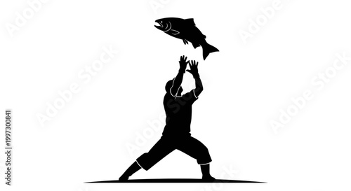 Silhouette of a Man Catching a Fish in Mid-Air, Isolated.
