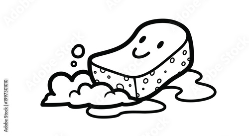 Smiling soap bar in water bubbles.