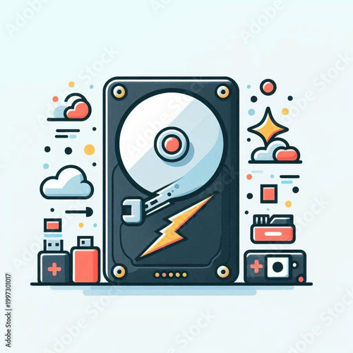 A stylized hard drive with a thunderbolt graphic surrounded by cloud and USB icons