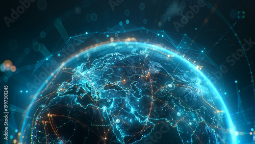Photography Futuristic digital Earth globe with glowing global network connection lines, big data transfer and cyber security technology over Europe map