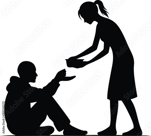 Silhouette of a woman giving food to a homeless man symbolizing charity and social help isolated on white background