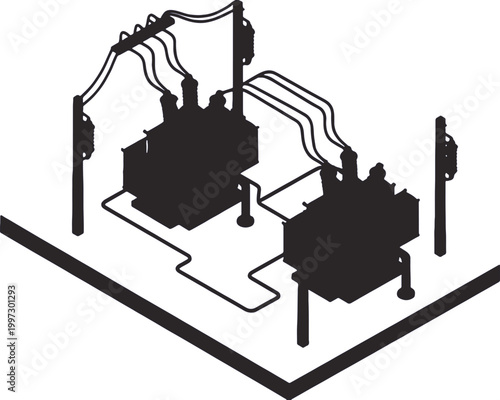 Electrical transformers connected by power lines illustrate industrial energy distribution systems.