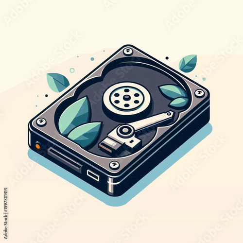 An illustration of a hard drive with leaves inside